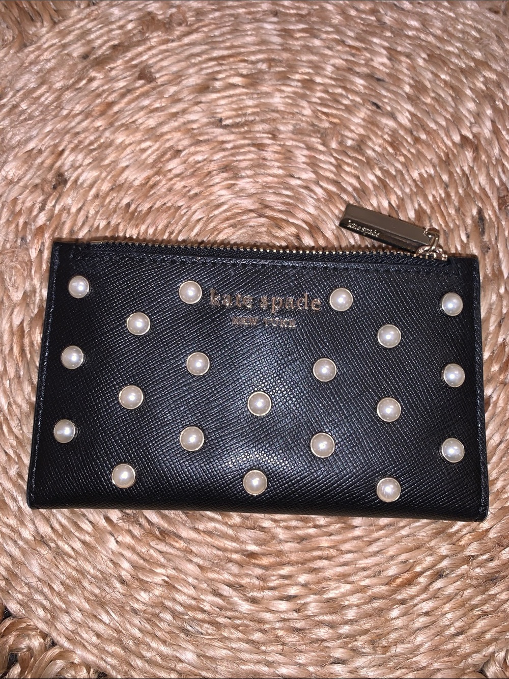 kate spade Black Pearl-Embellished Bifold Zip wallet
